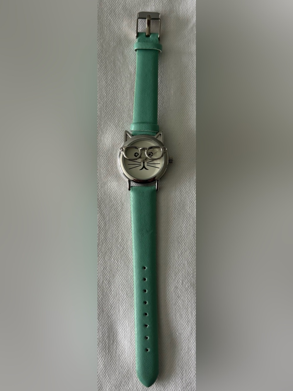 Cute Cat Face Watch with Mint Green Leather Strap